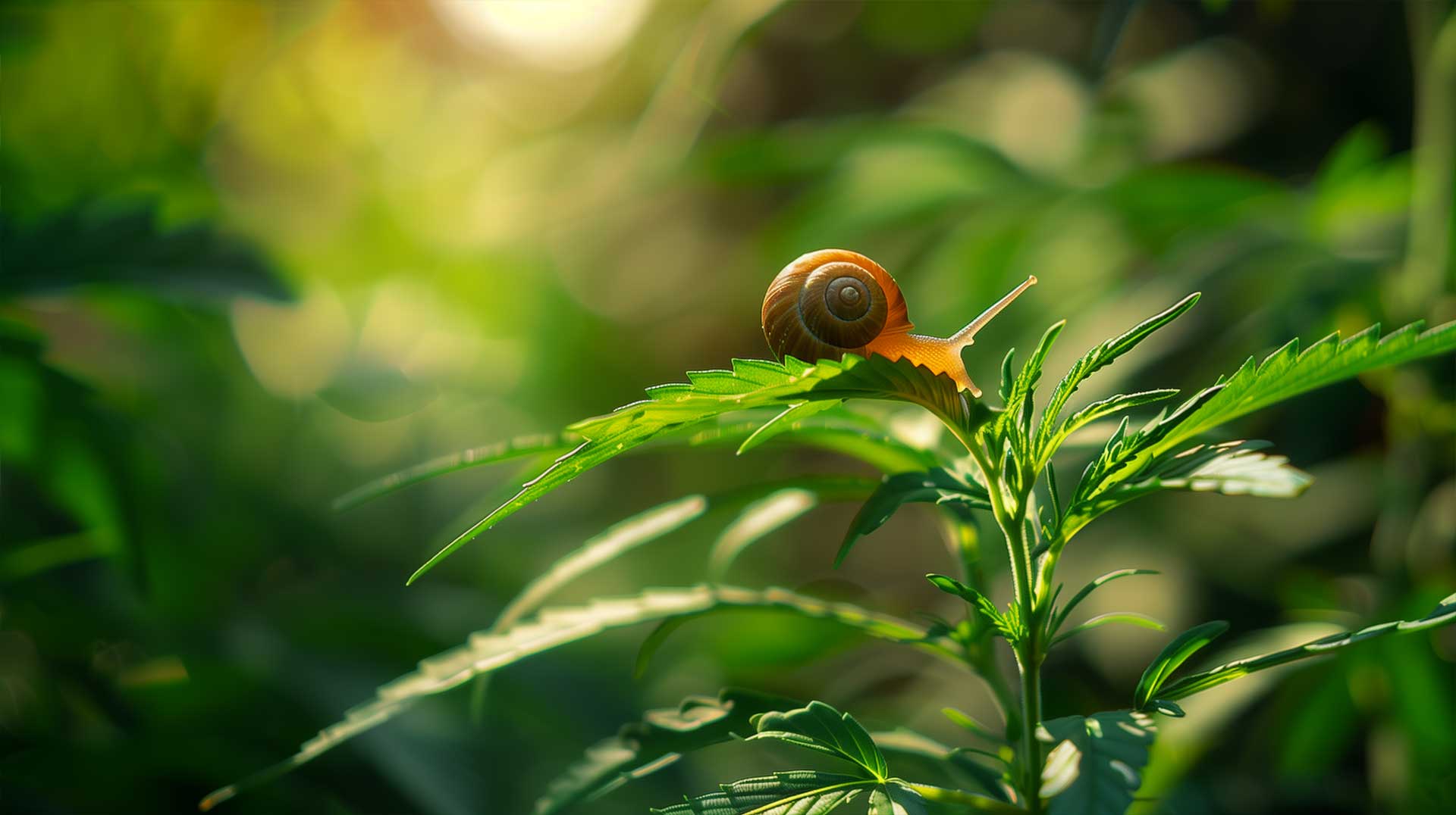 Cannabis Steckling mit einer Schnecke welche sich durch die Blätter frisst.